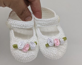 Baby Girl Booties Christening Booties Crochet Mary Jane Newborn Baby Girl Booties White and Pink Ribbon Rose Flowers Baby Shower Gift