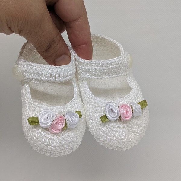Baby Girl Booties Christening Booties Crochet Mary Jane Newborn Baby Girl Booties White and Pink Ribbon Rose Flowers Baby Shower Gift