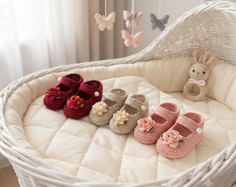 Hand Crochet Newborn to 3 Months Baby Girl Mary Jane Shoes Booties