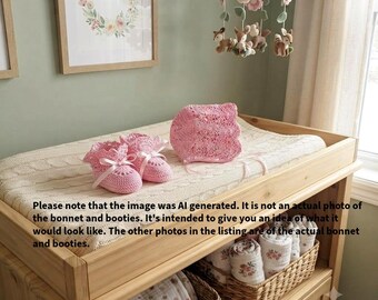 Hand Crochet Newborn to 3 Months Baby Girl Pink Bonnet and Booties Set
