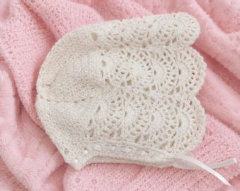 Hand Crochet Newborn to 3 Months Christening Bonnet and Booties: White Lace Set