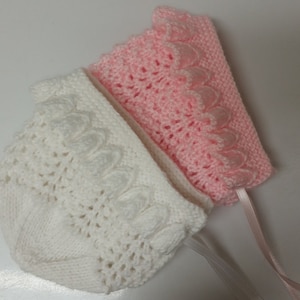 Hand Knit Baby Girl Bonnet: Pink & White Newborn Hat