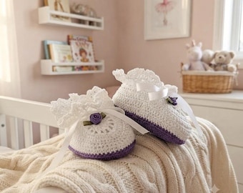 Hand Crochet Newborn 0 to 3 Months Baby Girl Purple Rose Booties