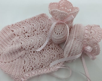 Hand Crochet Pale Pink Lace Christening Bonnet and Booties, Newborn Baby Girl Gift