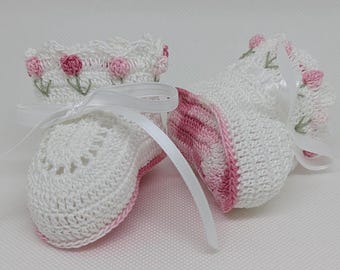 Crochet Baby Girl Booties, Newborn Christening Shoes, Tulip Flowers