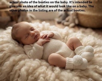 Hand Knitted Newborn to 3 Months Gender Neutral Baby Booties in White Pom Poms
