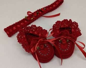 Red Baby Girl Booties Red Headband and Booties Crochet Booties Christening Baby Shoes Newborn Girl Reborn Doll Baptism Baby Shower Gift