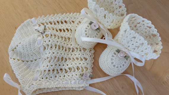 Crochet Christening Bonnet and Booties Set: Cream Lace, Newborn