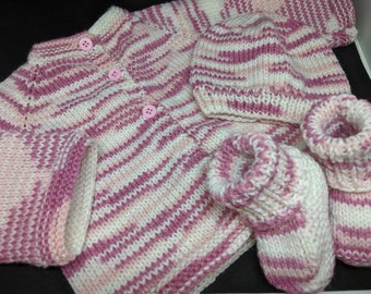 Baby Sweater Set, Knitted Baby Girl Sweater Hat Booties, 3-6 months,