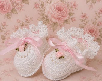 Crochet Christening Baby Booties: White Cotton, Pink Roses