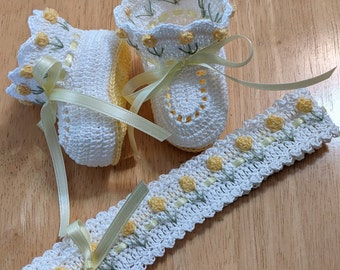 Baby Booties, Baby Headband, Crochet Baby Booties, Christening Baby Shoes, Crochet Yellow Tulip Flowers Baby Girl Newborn, Baby Shower Gift