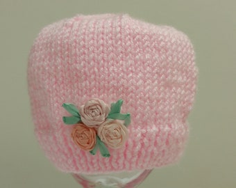 Baby Hat Knit, Newborn Hospital Hat, Pink Baby Hat, Newborn Girl Hat, Pink Classic Hat, Newborn Photography Prop, Knitted Baby Girl Hat