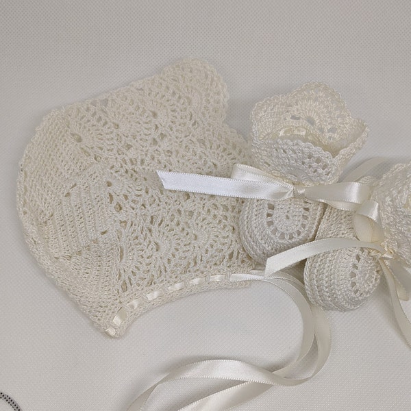 Christening Baby Bonnet Shoes, Christening Crochet Bonnet Booties, Newborn Baby Girl, Antique Lace, Baby Booties Crochet, Baby Shower Gift