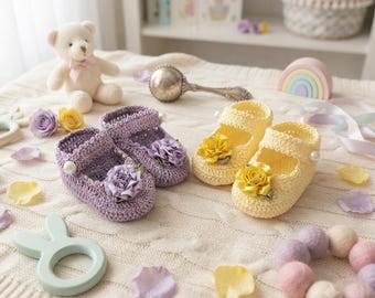 Hand Crochet Newborn to 3 Months Baby Girl Mary Jane Shoes Booties
