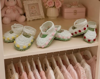 Handgehäkelte Mary-Jane-Schuhe für Babys von Neugeborenen bis 3 Monaten, Tulpenform