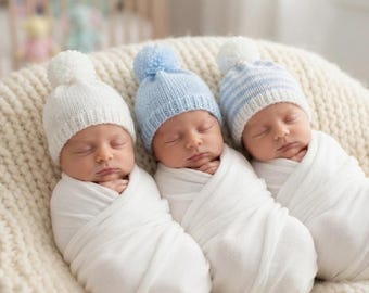 Gorro de lana tejido a mano para bebé recién nacido, tipo niño, para hospital, con pompón, color azul y blanco.