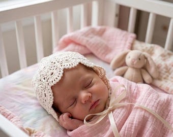 Crochet Christening Bonnet and Booties Set: Antique Lace, Newborn Baby Girl
