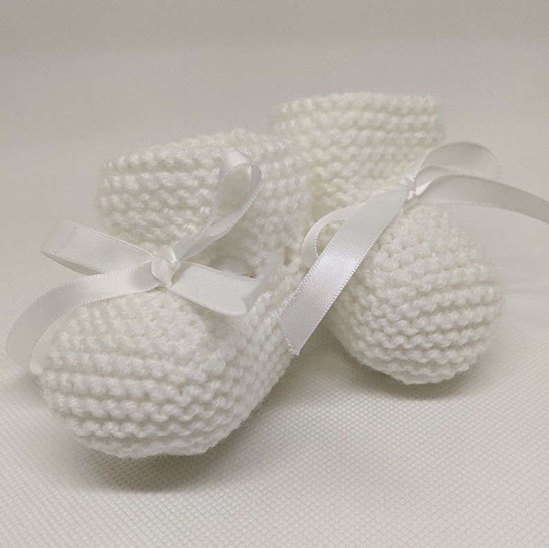 Knitted Baby Booties, Newborn Booties, Baby Girl Boy White Shoes, 0-3 months, Stay On Booties, Baby Shower Gift, Christening Baptism Booties image 1