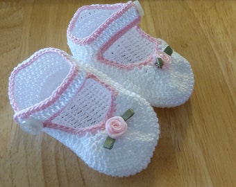 Crochet Baby Booties: Pink Rose Mary Janes, Newborn Christening Gift