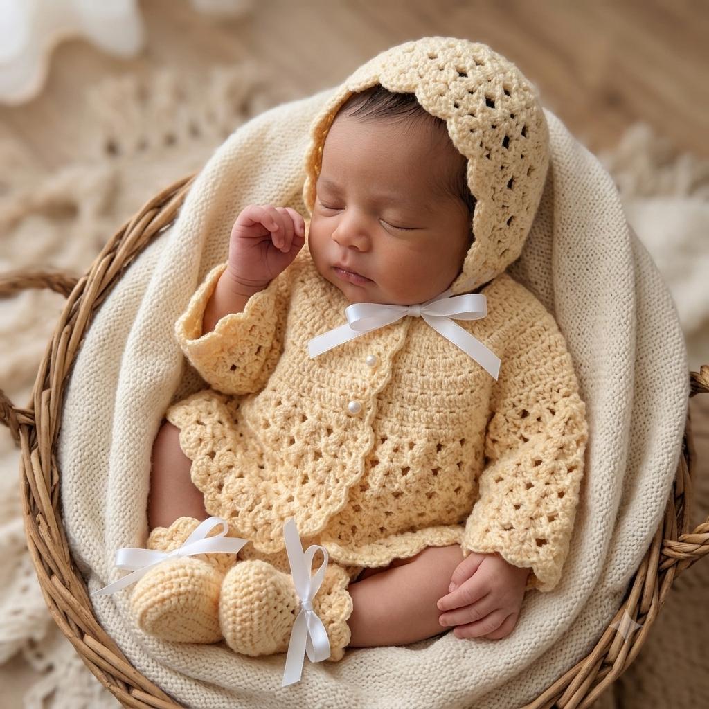 Hand Crochet Baby Girl Sweater Set: Yellow Sweater Bonnet & Booties (0-3 Months)