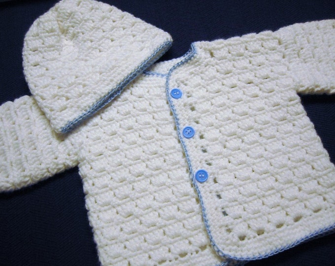 Hand Crochet Baby Boy Sweater Hat White and Blue Newborn Etsy