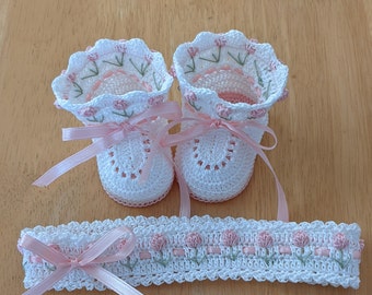 Baby Booties, Baby Headband, Crochet Baby Booties, Christening Baby Shoes, Crochet Pink Tulip Flowers Baby Girl Newborn, Baby Shower Gift