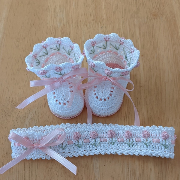 Baby Booties, Baby Headband, Crochet Baby Booties, Christening Baby Shoes, Crochet Pink Tulip Flowers Baby Girl Newborn, Baby Shower Gift