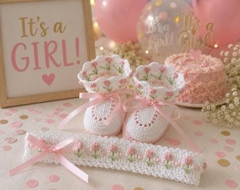Hand Crochet Newborn to 3 Months Baby Girl Booties and Headband: Pink Tulips