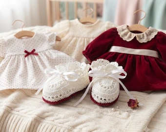 Hand Crochet Newborn to 3 Months Baby Red & White Booties