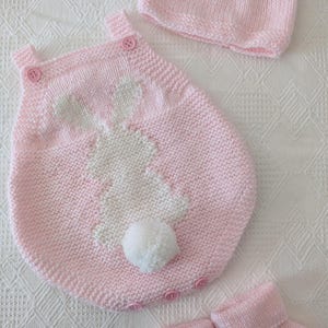 Knitted Baby Romper Set: Pink Bunny Outfit, Hat & Booties
