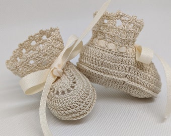 Hand Crocheted Ecru Baby Booties: Newborn Crib Shoes
