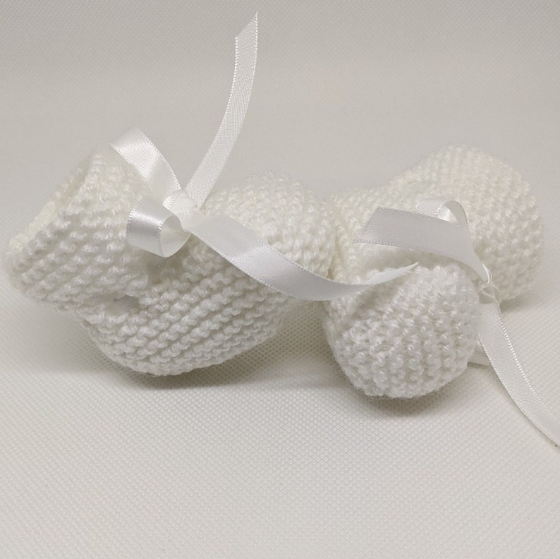 Knitted Baby Booties, Newborn Booties, Baby Girl Boy White Shoes, 0-3 months, Stay On Booties, Baby Shower Gift, Christening Baptism Booties image 5
