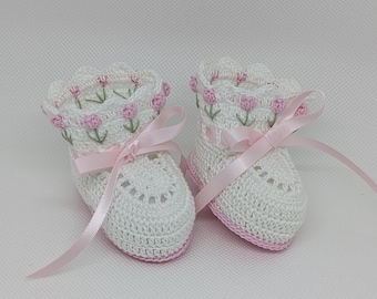Crochet Baby Booties: Pink Tulip Christening Shoes, Newborn Gift