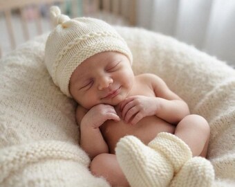 Hand Knitted Gender Neutral Cream Baby Hat and Booties Set: Newborn Shower Gift