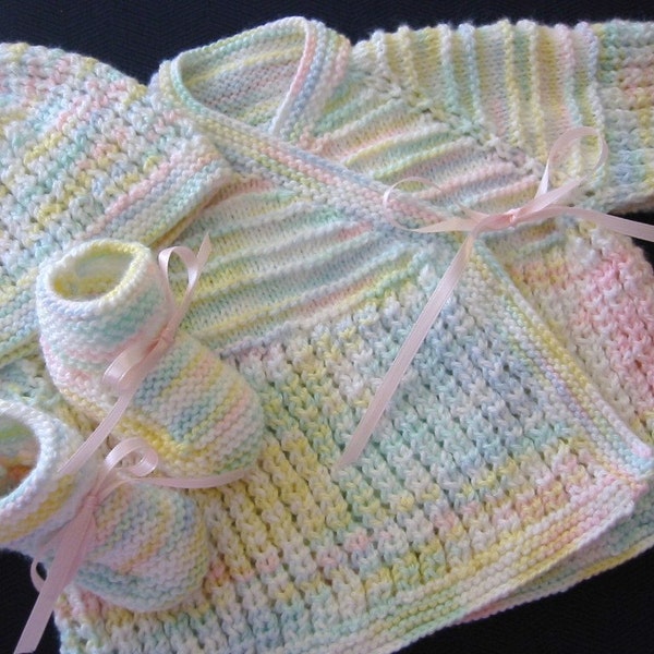 Hand Knitted Baby Girl Sweater Hat Booties PASTEL COLORS