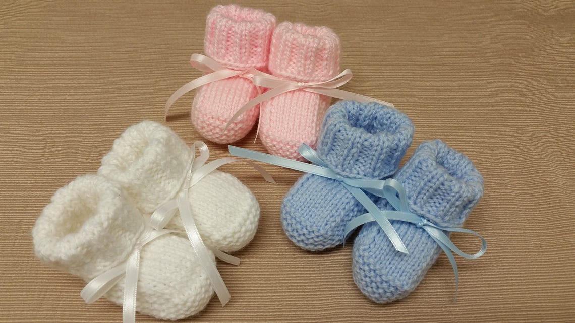 Knitted Baby Booties Baby Booties White Pink Blue - Etsy