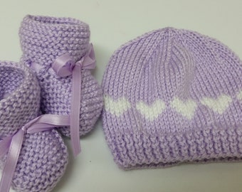 Knitted Baby Hat and Booties, Newborn Baby Hat Booties Lavender Hat and Booties, Baby Girl Newborn Reborn Doll Baby Shower Gift, Coming Home