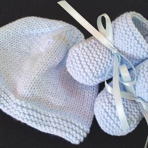 Hand Knit Blue Baby Hat and Booties Set: Newborn Shower Gift