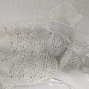 Crochet Christening Bonnet and Booties: White Lace Newborn Set
