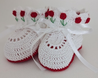 Crochet Baby Booties: Red Tulip Flowers, Newborn Gift