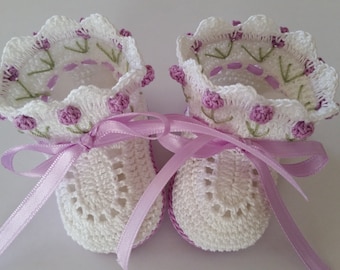 Baby Booties, Crochet Baby Booties, Christening Baby Shoes Crochet Lavender Tulip Flowers Baby Girl Newborn Baby Shower Gift Baby Photo Prop