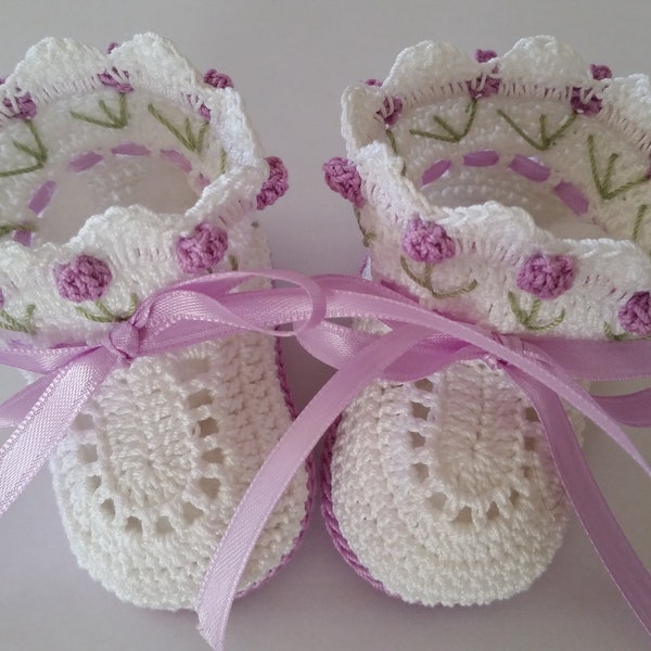 Baby Booties, Crochet Baby Booties, Christening Baby Shoes Crochet Lavender Tulip Flowers Baby Girl Newborn Baby Shower Gift Baby Photo Prop