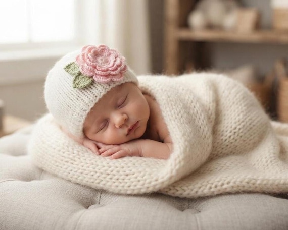 Hand Knitted Newborn to 3 Months Baby Girl Beanie Hat With Irish