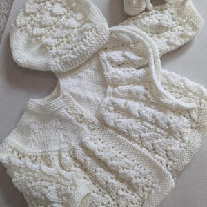 Hand Knitted Baby Girl Outfit: Ecru Sweater, Bonnet & Booties Set (Newborn-3 Months)