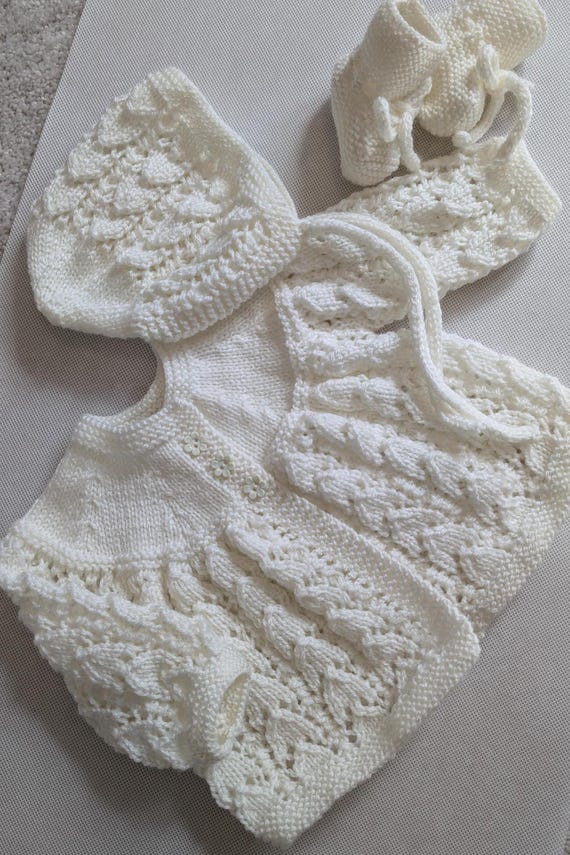 Hand Knitted Baby Girl Outfit: Ecru Sweater, Bonnet Booties Set  (Newborn-3 Months)