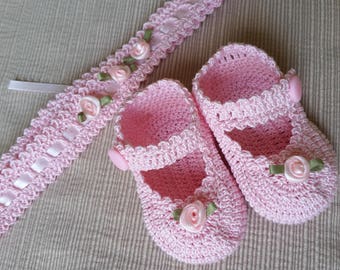 Baby Girl Booties, Baby Headband, Crochet Mary Jane, Newborn Baby Girl Booties, Pink Rose Flowers, Christening, Baptism, Baby Shower Gift