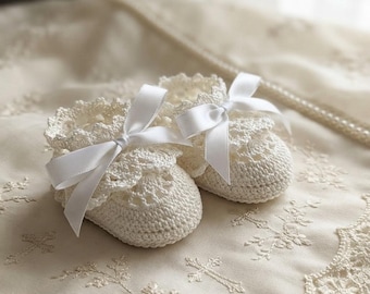 Hand Crochet Baby Girl Booties: Antique Lace Christening Shoes