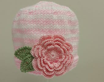 Newborn Hospital Hat W/ Pink Flower Newborn Hat for Your Baby. Knit Newborn Girl Hat.  Baby Girl Flower Hat. Irish Rose. Take Home Hat.