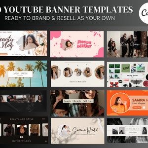 May include: A collection of 20 YouTube banner templates, ready to be branded and resold. The banners feature various designs, including a beauty vlog, a food vlogger, and a lifestyle channel. The templates are customizable and can be used for any type of YouTube channel.