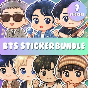 Pode incluir: Um pacote de adesivos com sete ilustrações de desenhos animados dos membros da banda sul-coreana BTS. Os adesivos têm olhos grandes e estão em várias roupas, com o texto "BTS STICKER BUNDLE" na parte inferior.